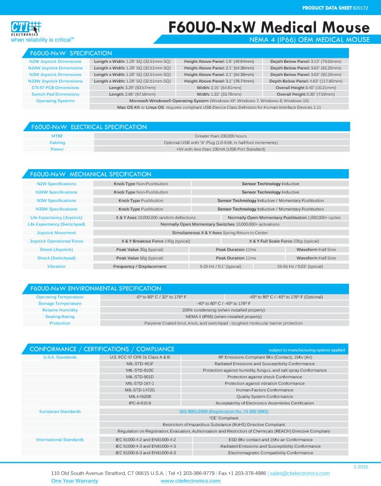 CTI OEM Medical Mouse Pointer - F60U6-NxW Series