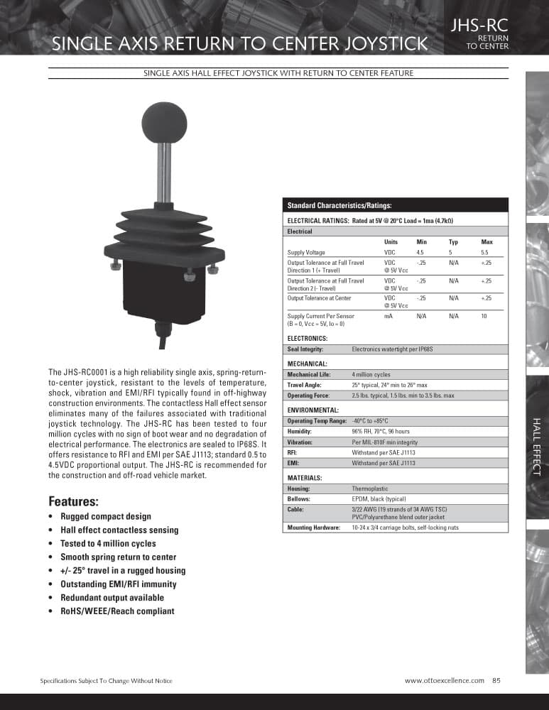 OTTO JHS-RC Return to Center, Single Axis Hall Effect Joystick Range