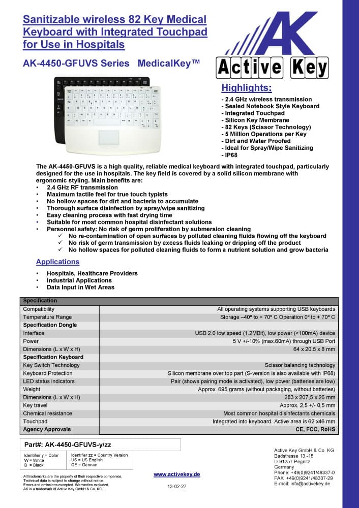 Active Key AK-4450-GFUV Sanitizable Wireless Keyboard with Touchpad