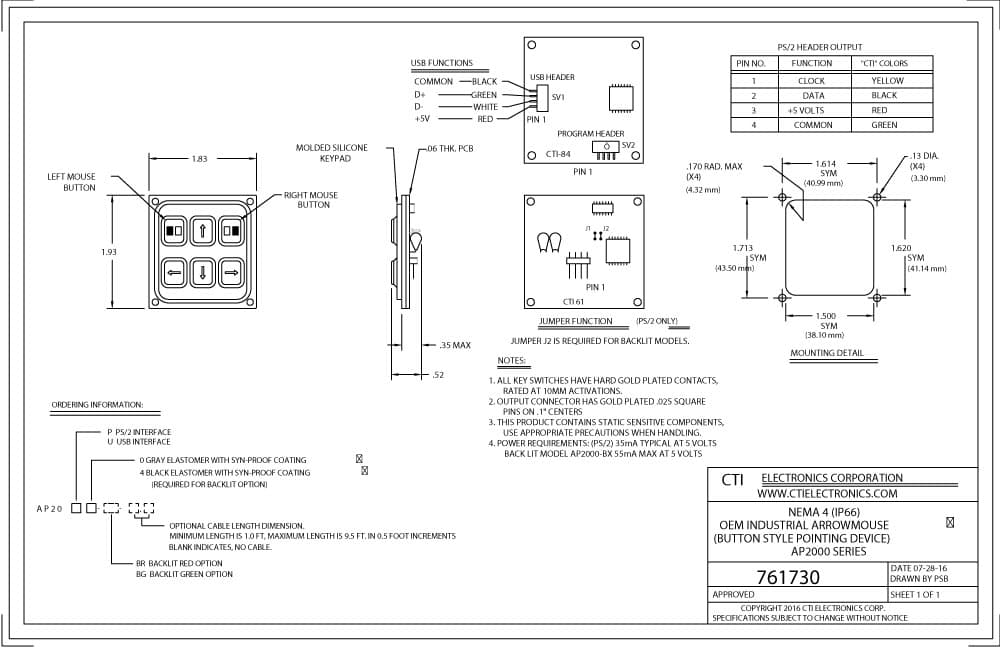 CTI OEM Backlit Industrial Mouse Pointer - AP2000-Bx Series