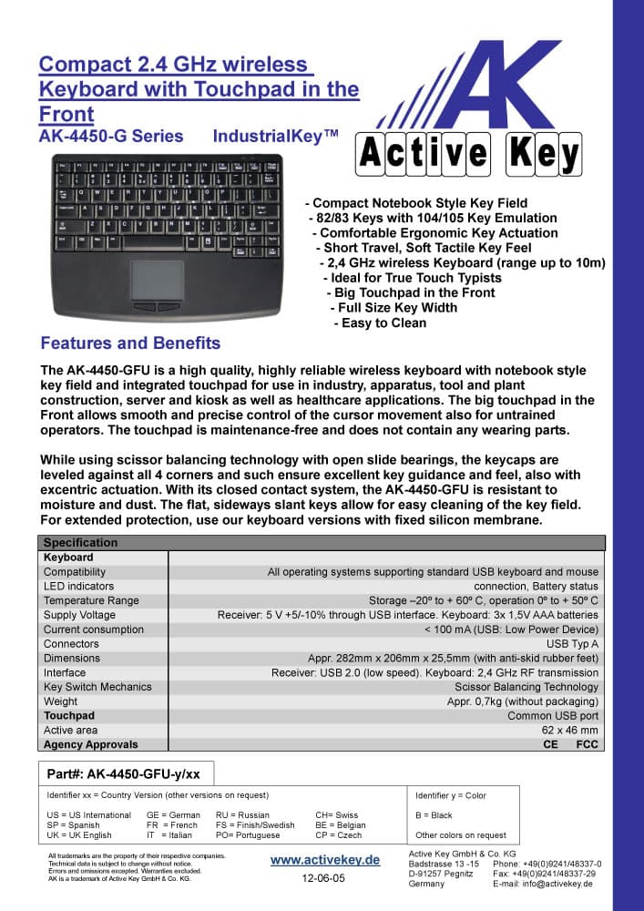 Active Key AK-4450-GUF Compact Wireless Keyboard with Touchpad