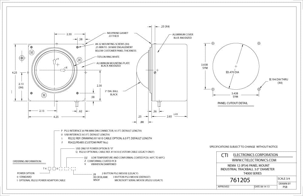 CTI Panel Mount Industrial Trackballs - T4000 Series