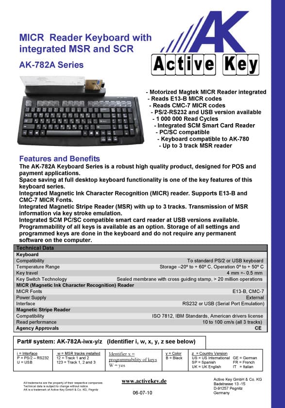 Active Key AK-782A MICR Reader Keyboard with MSR and SCR