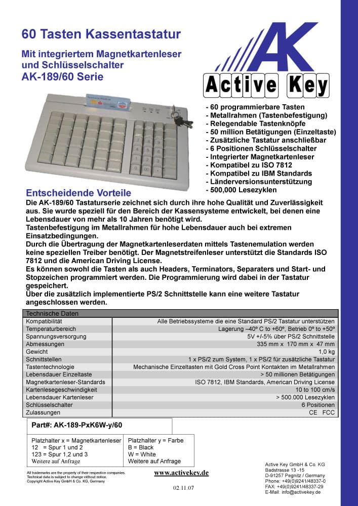 Active Key AK-189 60 Key POS Keyboard with MSR Reader & Key Lock