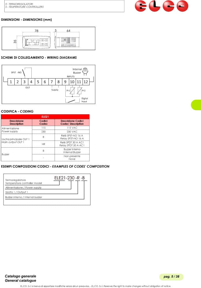 Elco Temperature Controller for Refrigeration - ELE21 Series