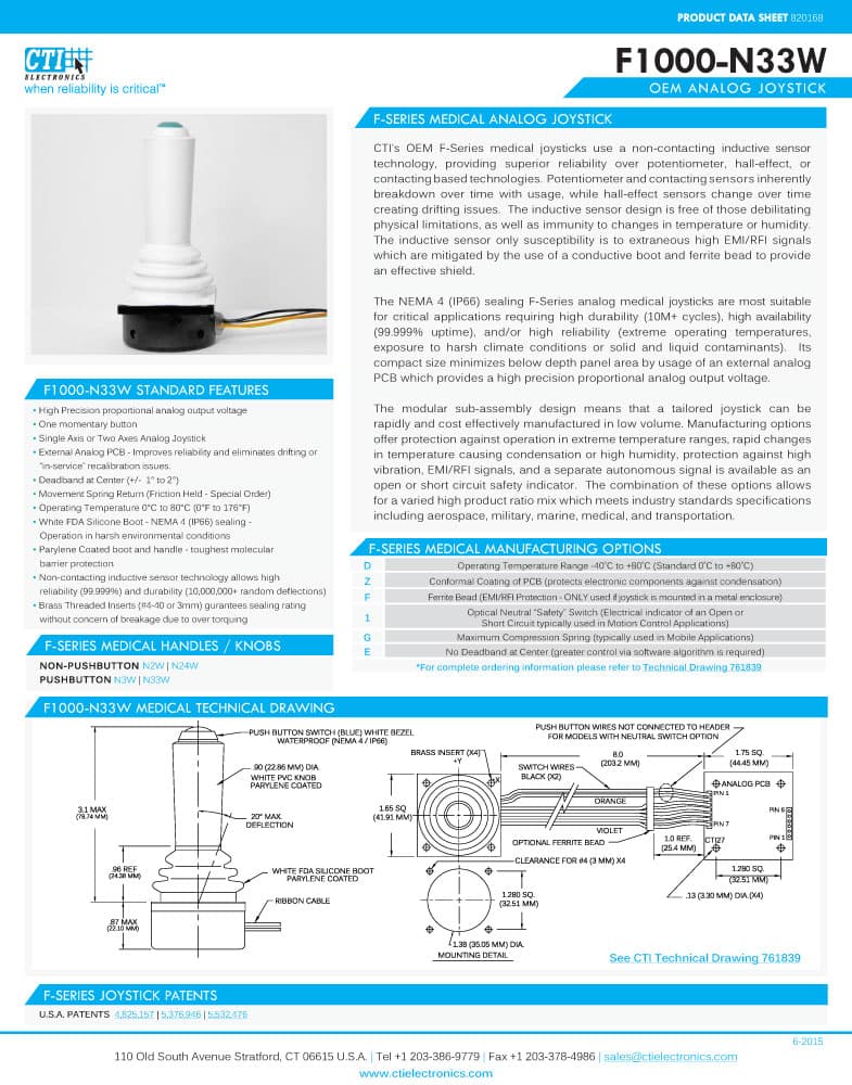 CTI OEM Inductive Medical Cleanroom Joysticks - F1000-N33W Series