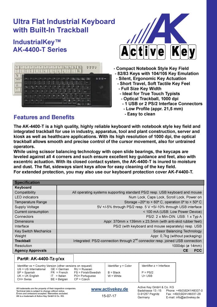 Active Key AK-4400-TU Mini Desk Trackball Keyboard Range
