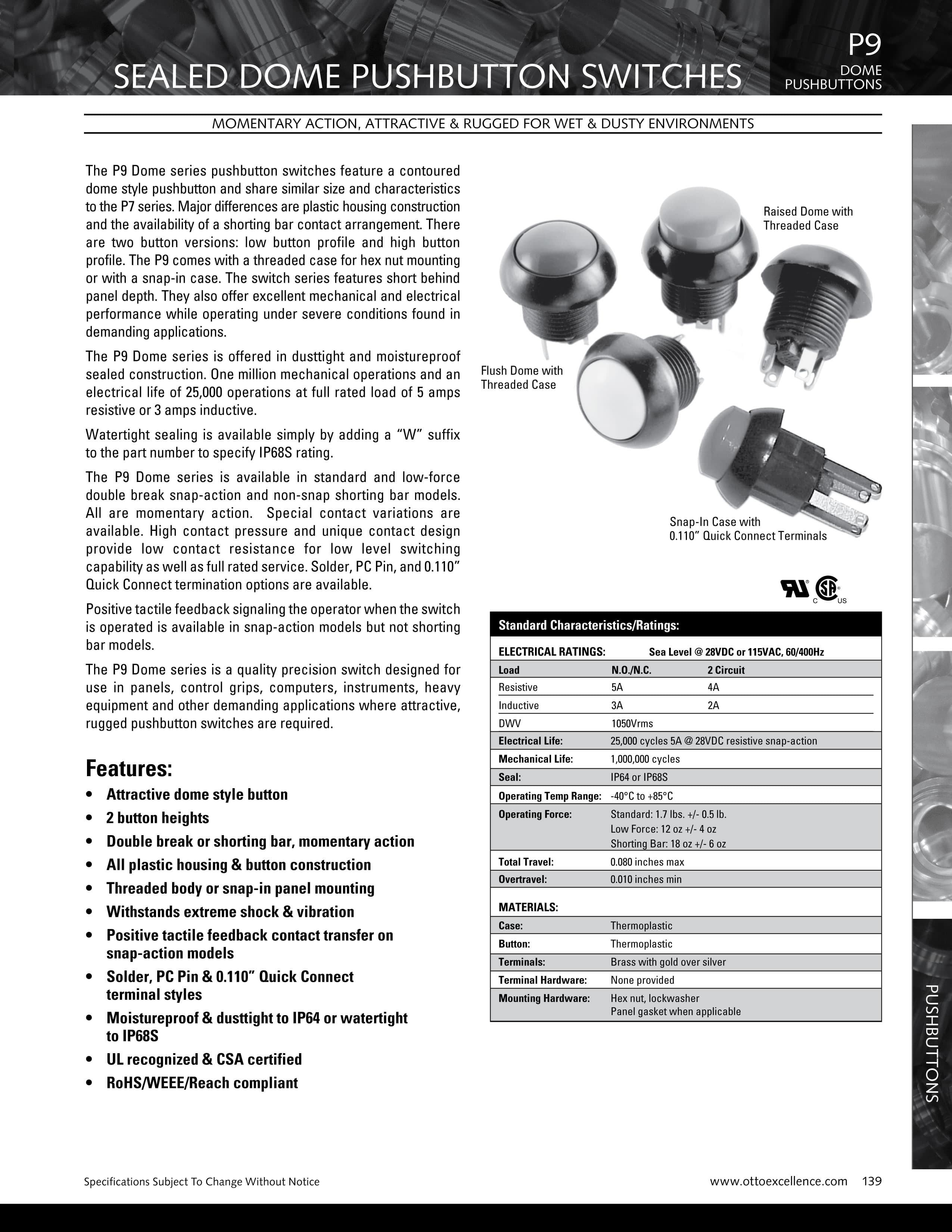 Part of the OTTO P9 Series, this is a contoured dome style push button switch