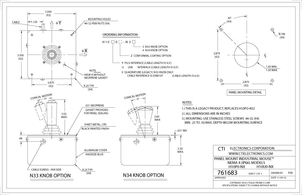 CTI Panel Mount Industrial Mouse Pointer - H10x0-Nx Series