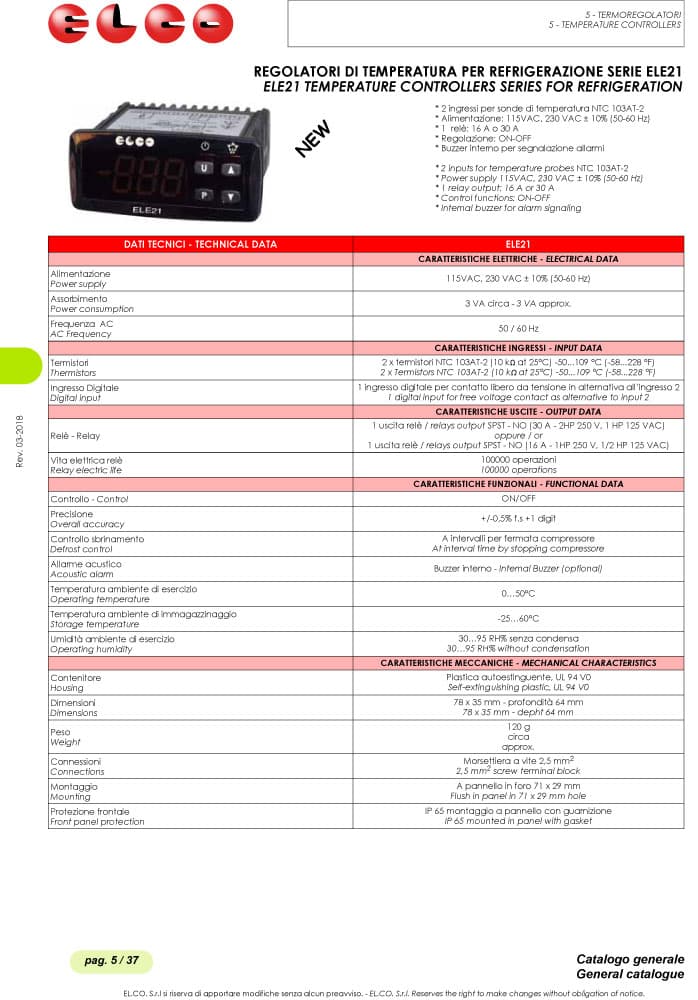 Elco Temperature Controller for Refrigeration - ELE21 Series