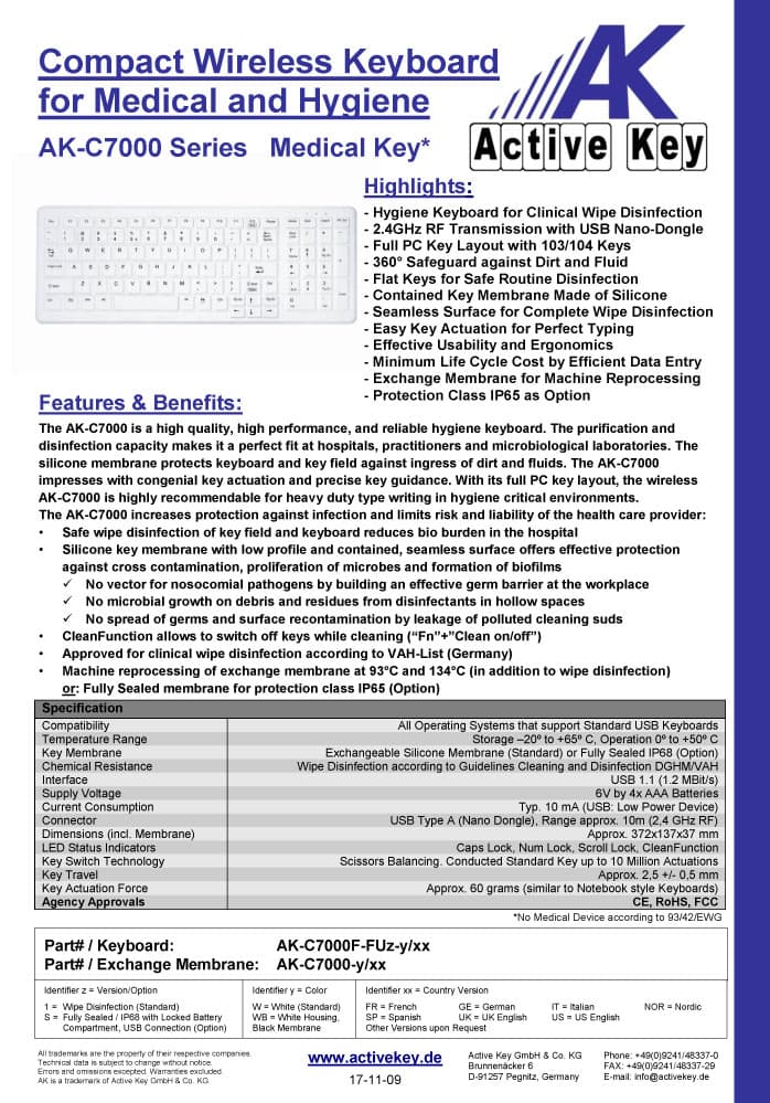 Active Key AK-C7000F Compact Wireless Hygiene Keyboard