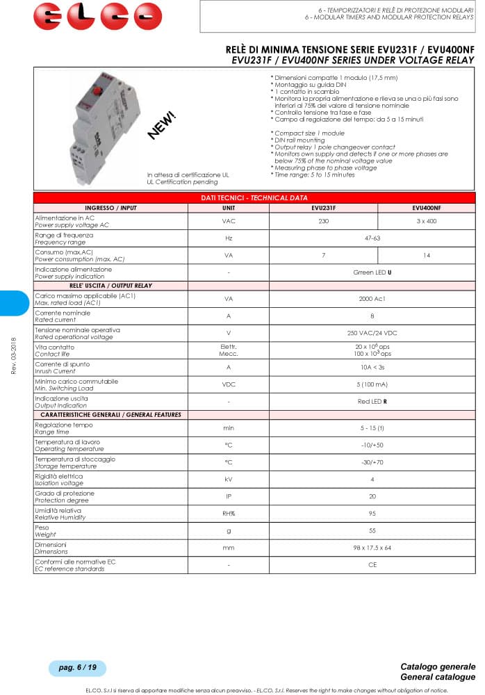 Elco Under Voltage Relay - EVU Series
